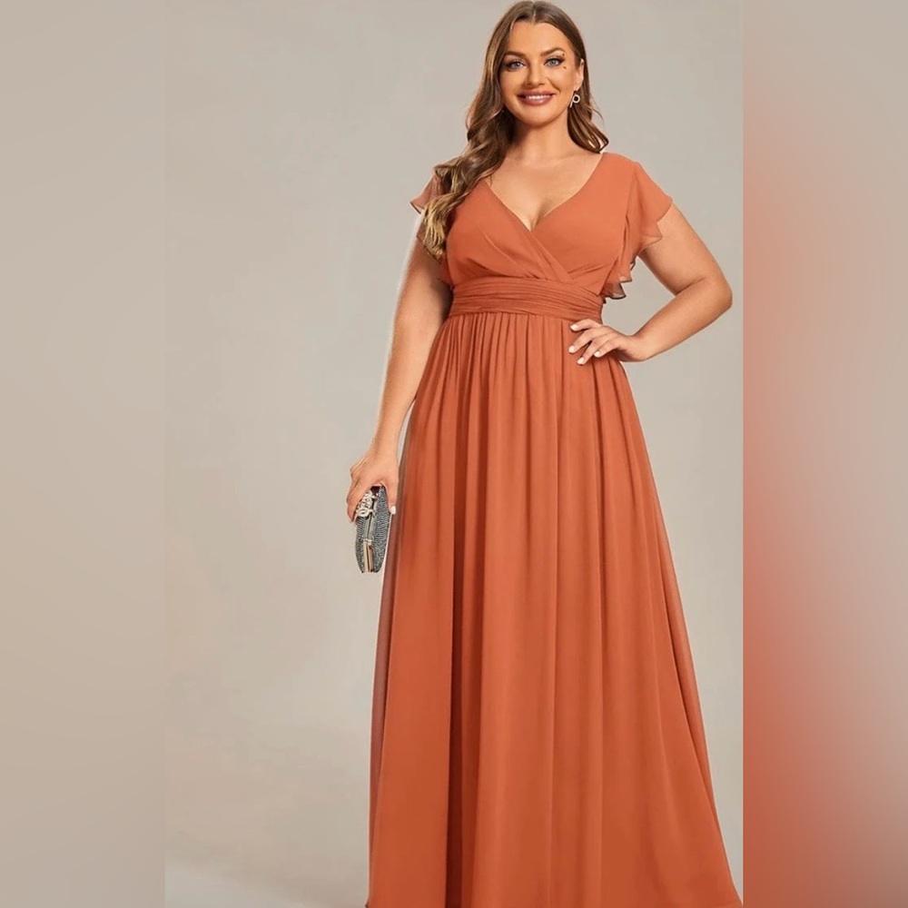 EVER PRETTY Formal Orange Chiffon Pleated A-Line Back Cutout Dress Size L